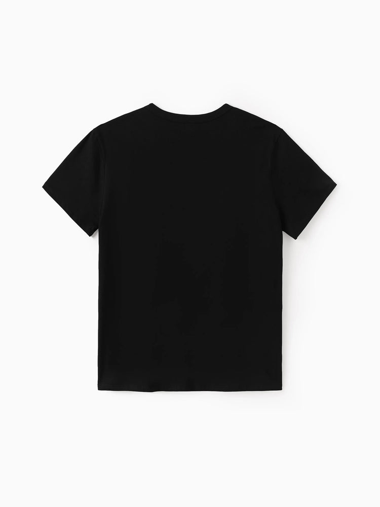 Family Matching Set Tropical Print Cotton Short-sleeve Shirt or Sleeveless Belted Dress Black