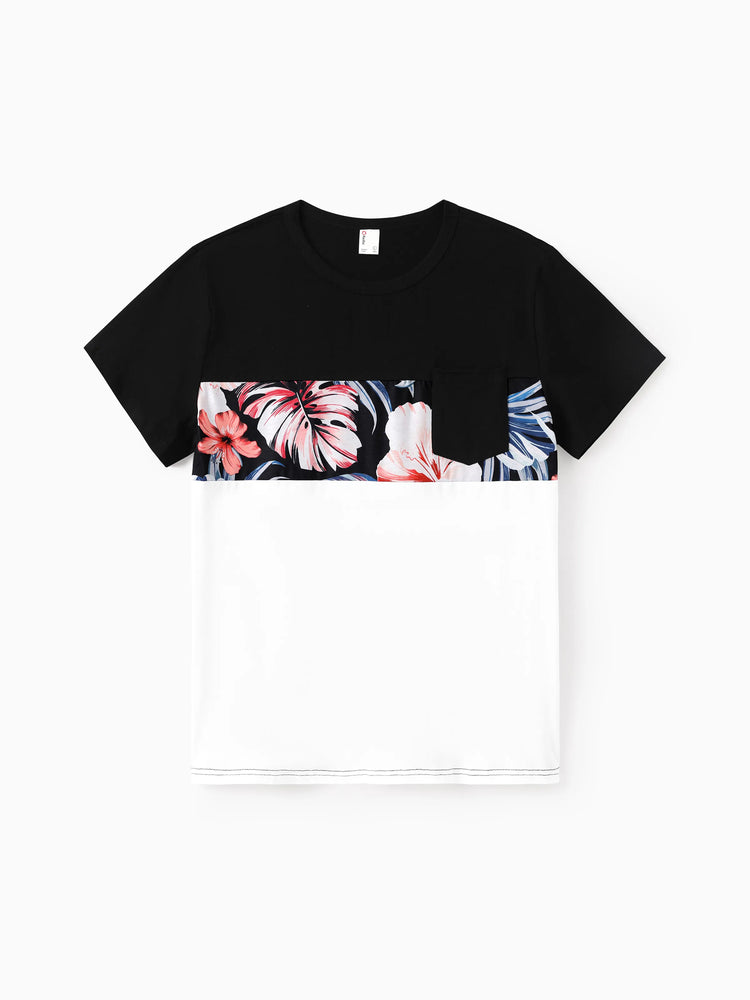 Family Matching Set Tropical Print Cotton Short-sleeve Shirt or Sleeveless Belted Dress Black