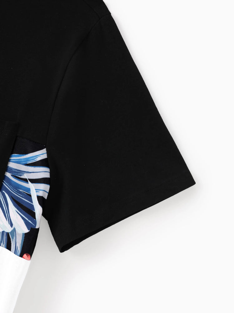 Family Matching Set Tropical Print Cotton Short-sleeve Shirt or Sleeveless Belted Dress Black