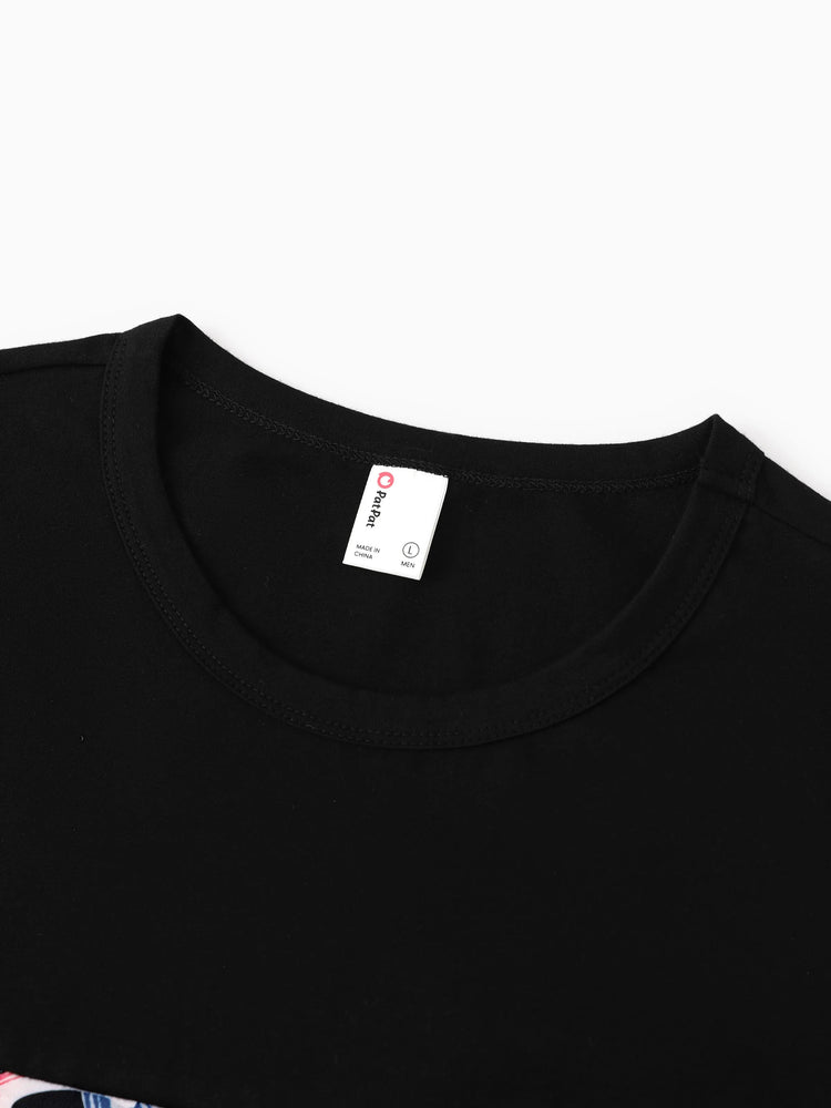 Family Matching Set Tropical Print Cotton Short-sleeve Shirt or Sleeveless Belted Dress Black