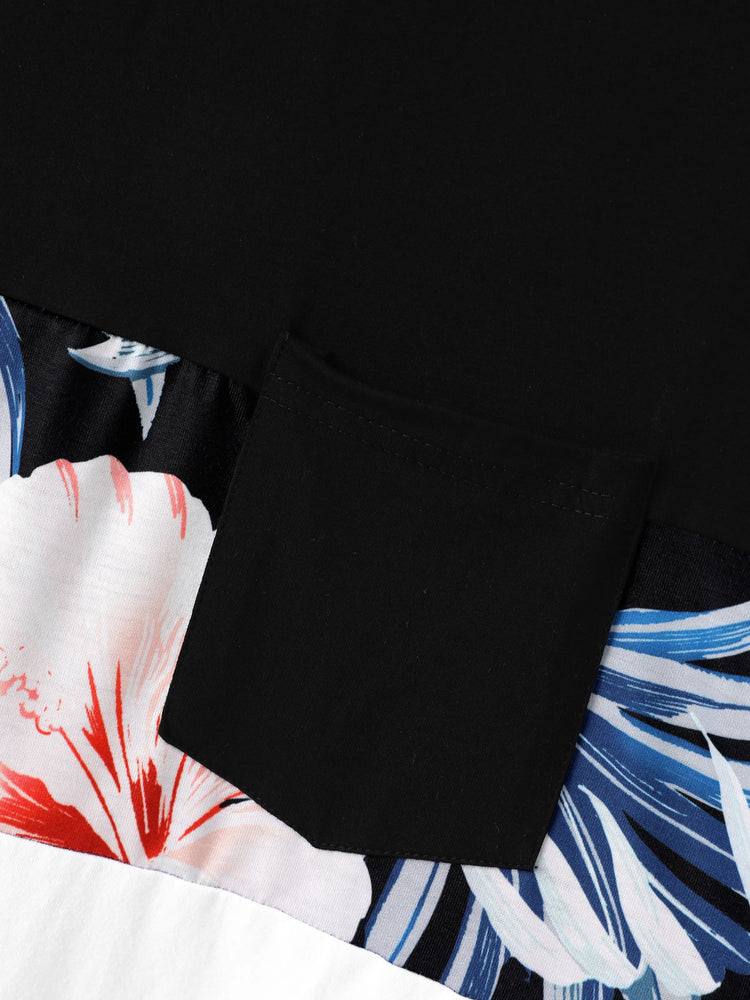 Family Matching Set Tropical Print Cotton Short-sleeve Shirt or Sleeveless Belted Dress Black