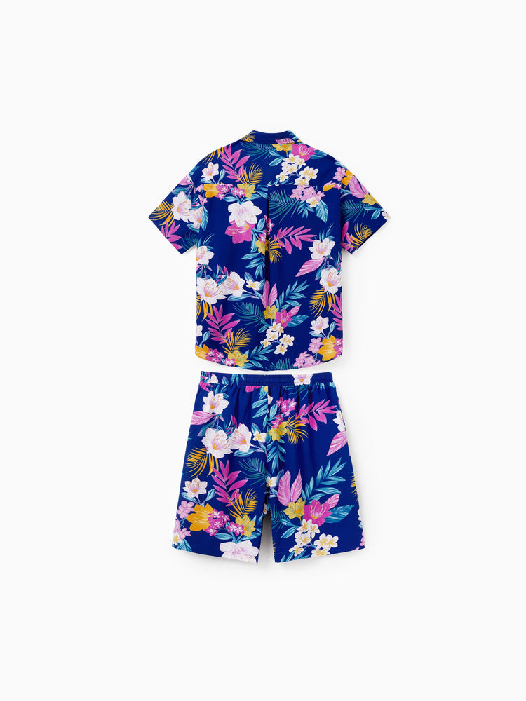Matching Family Hawaiian Outfits Tropical Floral Print Strap Dress or Short-sleeve Shirts & Shorts Set Summer Beachwear Set for Vacation Deep Blue