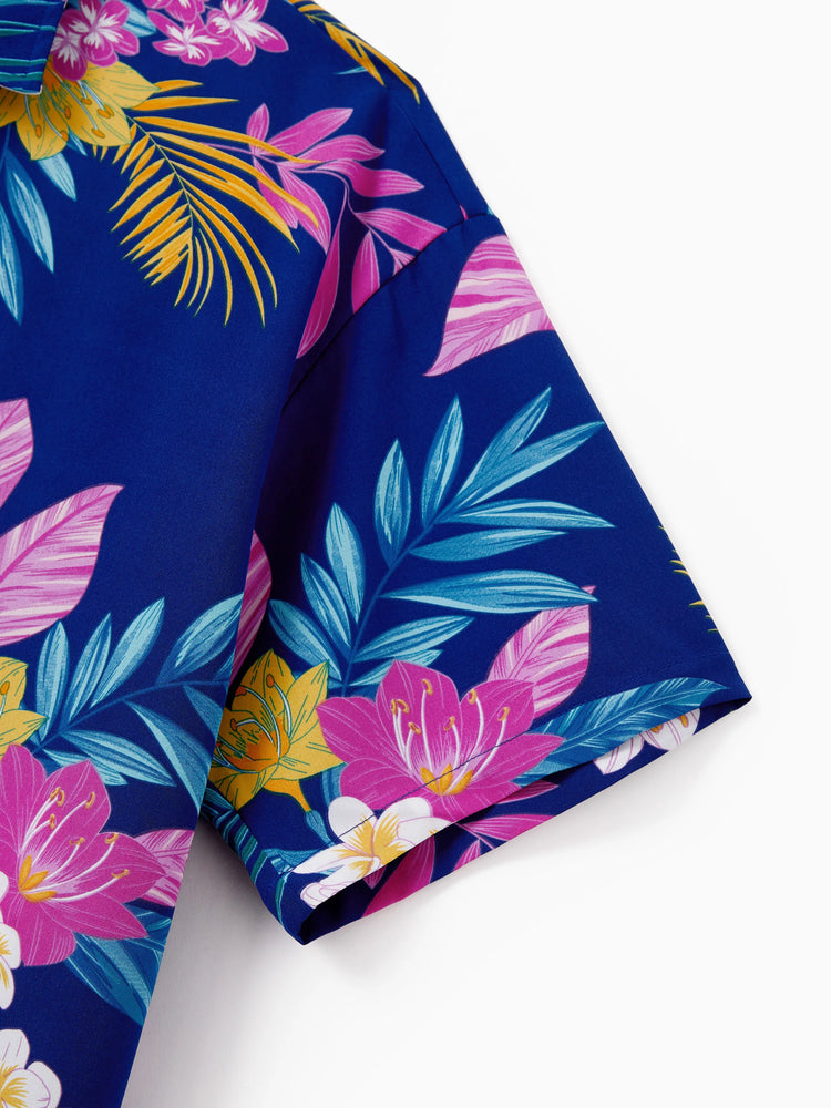 Matching Family Hawaiian Outfits Tropical Floral Print Strap Dress or Short-sleeve Shirts & Shorts Set Summer Beachwear Set for Vacation Deep Blue