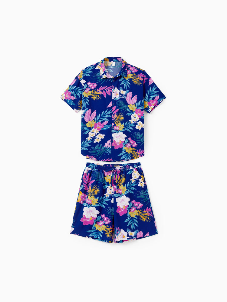 Daddy and Me Matching Family Hawaiian Outfits Tropical Floral Print Strap Dress or Short-sleeve Shirts & Shorts Set Summer Beachwear Set for Vacation  Deep Blue