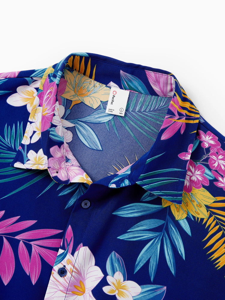 Matching Family Hawaiian Outfits Tropical Floral Print Strap Dress or Short-sleeve Shirts & Shorts Set Summer Beachwear Set for Vacation Deep Blue