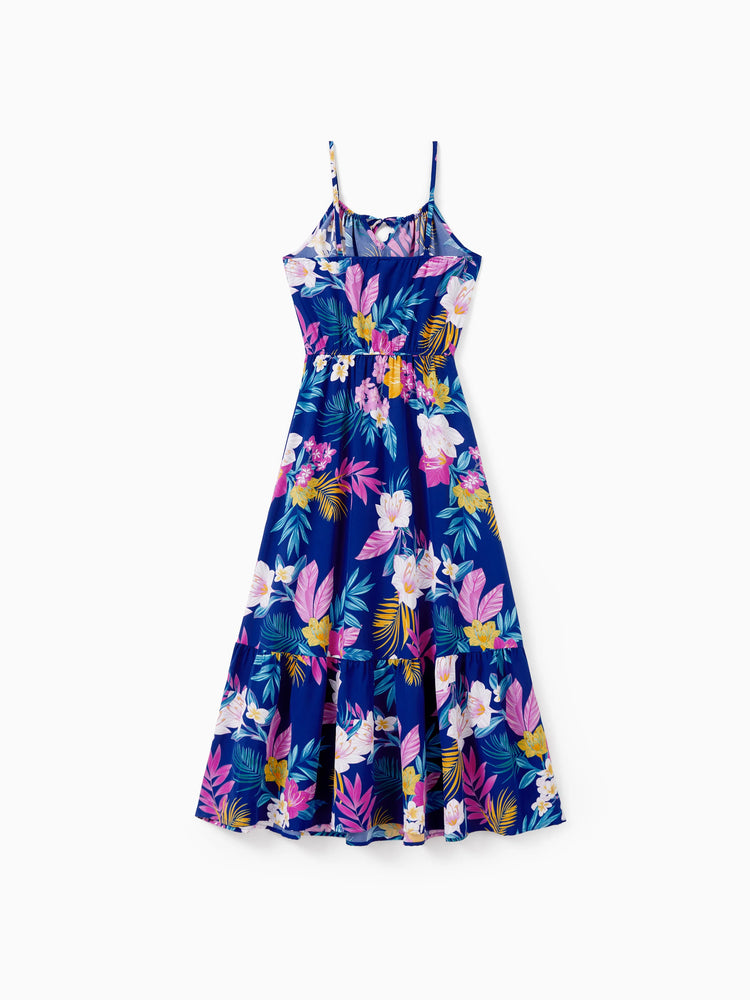 Mommy and Me Matching Family Hawaiian Outfits Tropical Floral Print Strap Dress or Short-sleeve Shirts & Shorts Set Summer Beachwear Set for Vacation  Deep Blue
