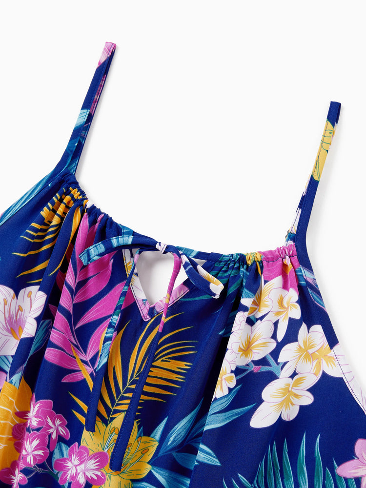 Mommy and Me Matching Family Hawaiian Outfits Tropical Floral Print Strap Dress or Short-sleeve Shirts & Shorts Set Summer Beachwear Set for Vacation  Deep Blue