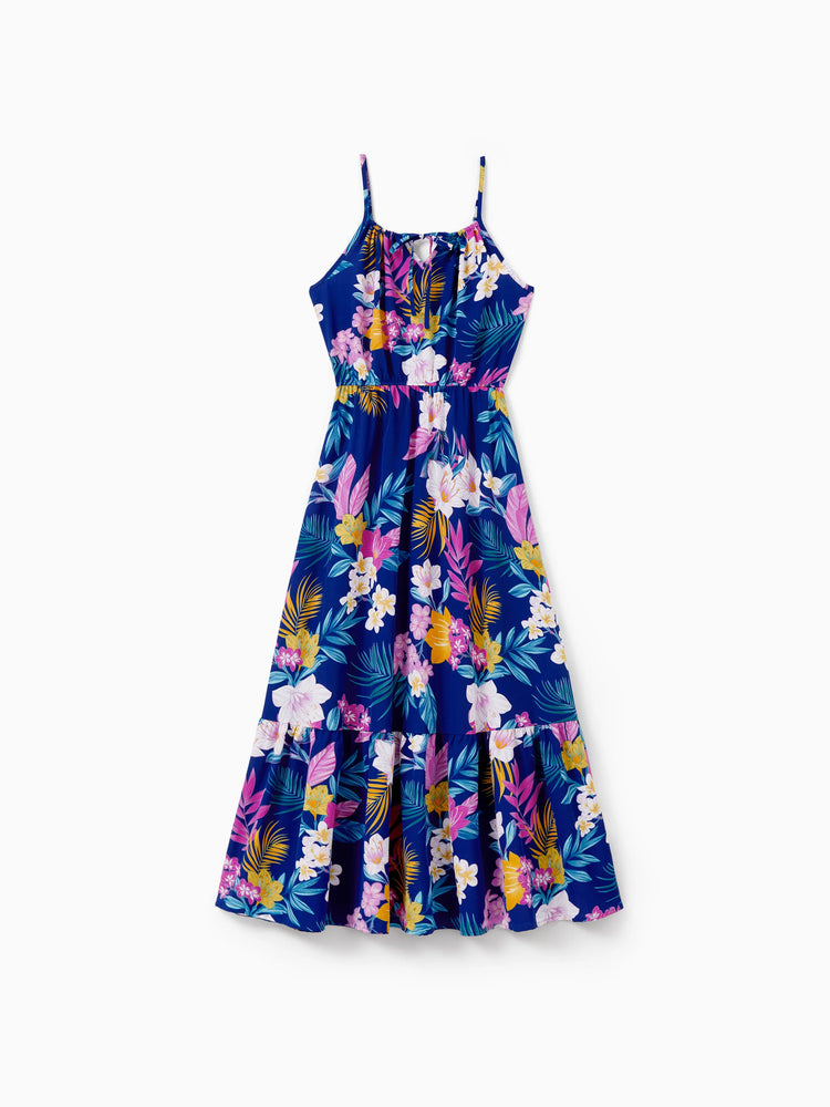 Mommy and Me Matching Family Hawaiian Outfits Tropical Floral Print Strap Dress or Short-sleeve Shirts & Shorts Set Summer Beachwear Set for Vacation  Deep Blue