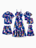 Matching Family Hawaiian Outfits Tropical Floral Print Strap Dress or Short-sleeve Shirts & Shorts Set Summer Beachwear Set for Vacation Deep Blue