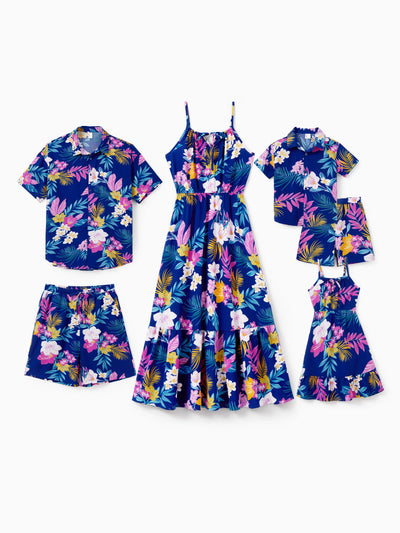 Tenues hawaïennes familiales assorties Robe à bretelles à imprimé floral tropical ou ensemble chemises à manches courtes et shorts Ensemble de vêtements de plage d'été pour les vacances Bleu foncé