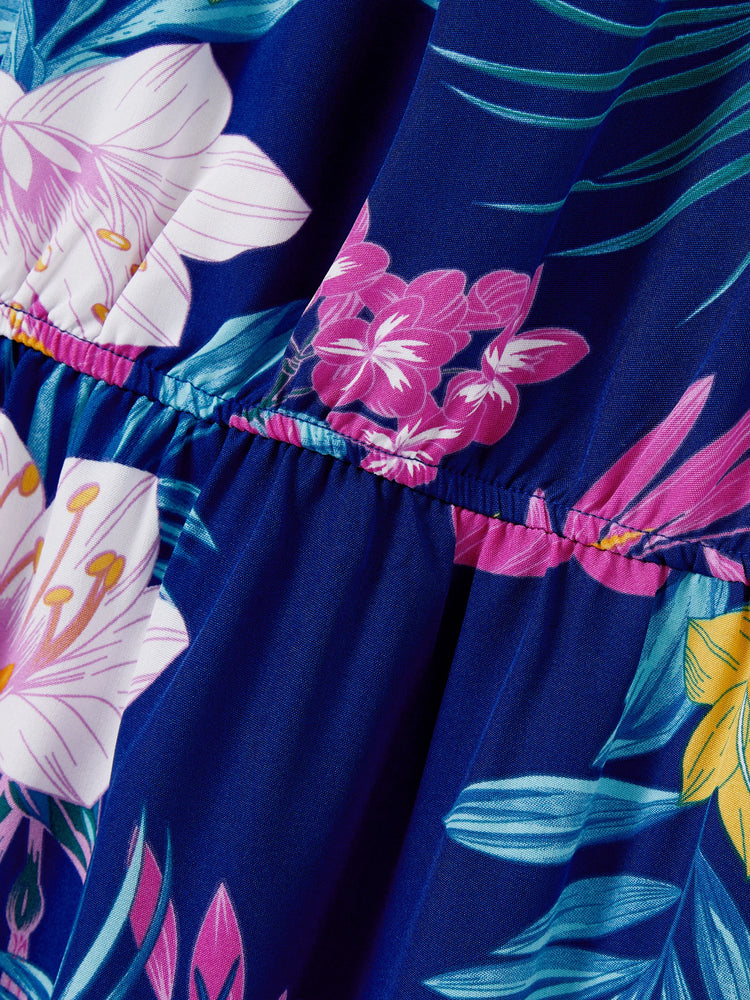 Mommy and Me Matching Family Hawaiian Outfits Tropical Floral Print Strap Dress or Short-sleeve Shirts & Shorts Set Summer Beachwear Set for Vacation  Deep Blue