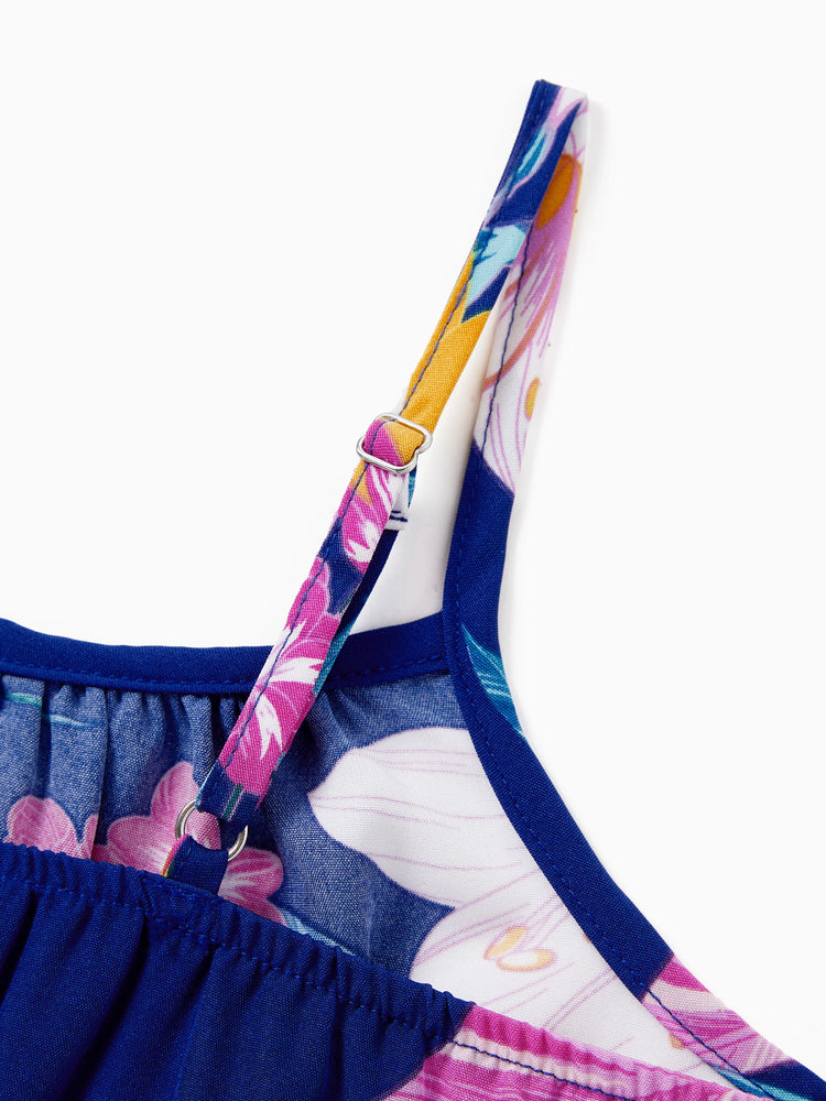 Matching Family Hawaiian Outfits Tropical Floral Print Strap Dress or Short-sleeve Shirts & Shorts Set Summer Beachwear Set for Vacation Deep Blue