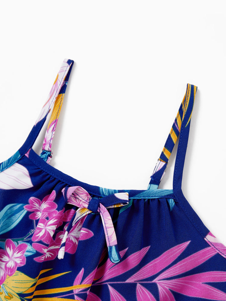 Matching Family Hawaiian Outfits Tropical Floral Print Strap Dress or Short-sleeve Shirts & Shorts Set Summer Beachwear Set for Vacation Deep Blue