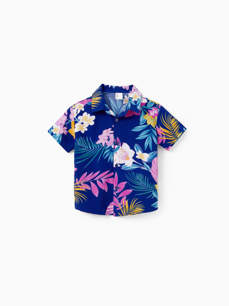 Daddy and Me Matching Family Hawaiian Outfits Tropical Floral Print Strap Dress or Short-sleeve Shirts & Shorts Set Summer Beachwear Set for Vacation  Deep Blue