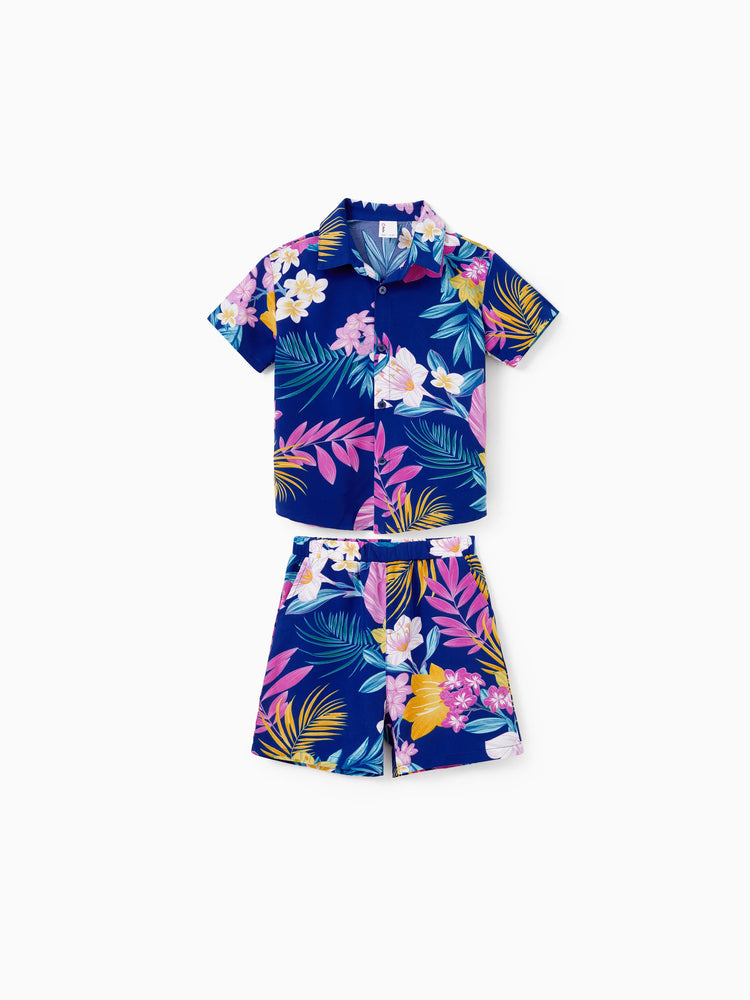 Matching Family Hawaiian Outfits Tropical Floral Print Strap Dress or Short-sleeve Shirts & Shorts Set Summer Beachwear Set for Vacation Deep Blue