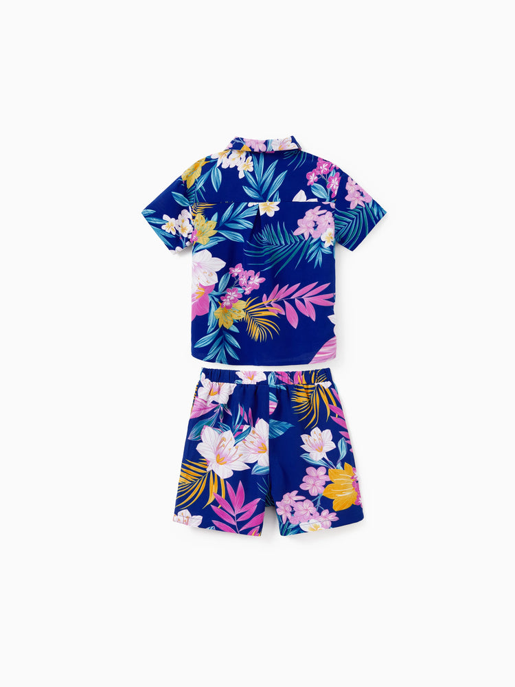 Matching Family Hawaiian Outfits Tropical Floral Print Strap Dress or Short-sleeve Shirts & Shorts Set Summer Beachwear Set for Vacation Deep Blue