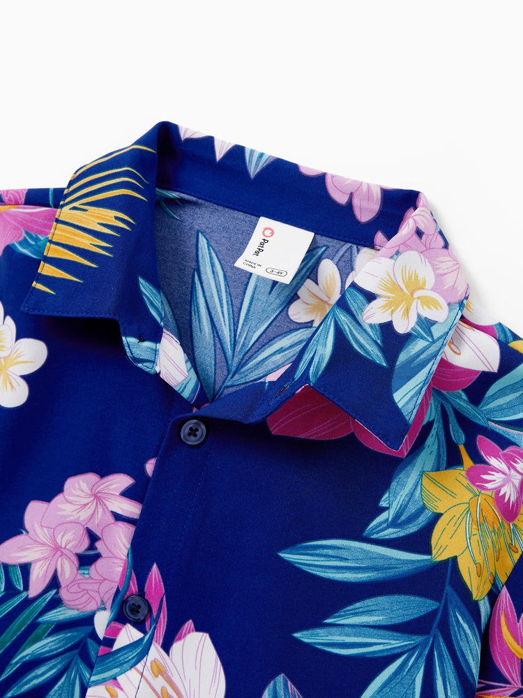 Matching Family Hawaiian Outfits Tropical Floral Print Strap Dress or Short-sleeve Shirts & Shorts Set Summer Beachwear Set for Vacation Deep Blue