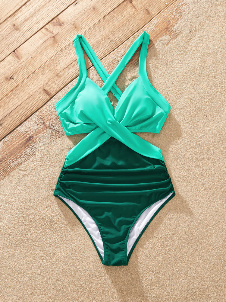 Matching Family Swimsuits for Beach Green Colorblock One-Piece Swimwear or Swim Trunks Summer Vacation Outfits Green