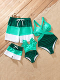 Matching Family Swimsuits for Beach Green Colorblock One-Piece Swimwear or Swim Trunks Summer Vacation Outfits Green