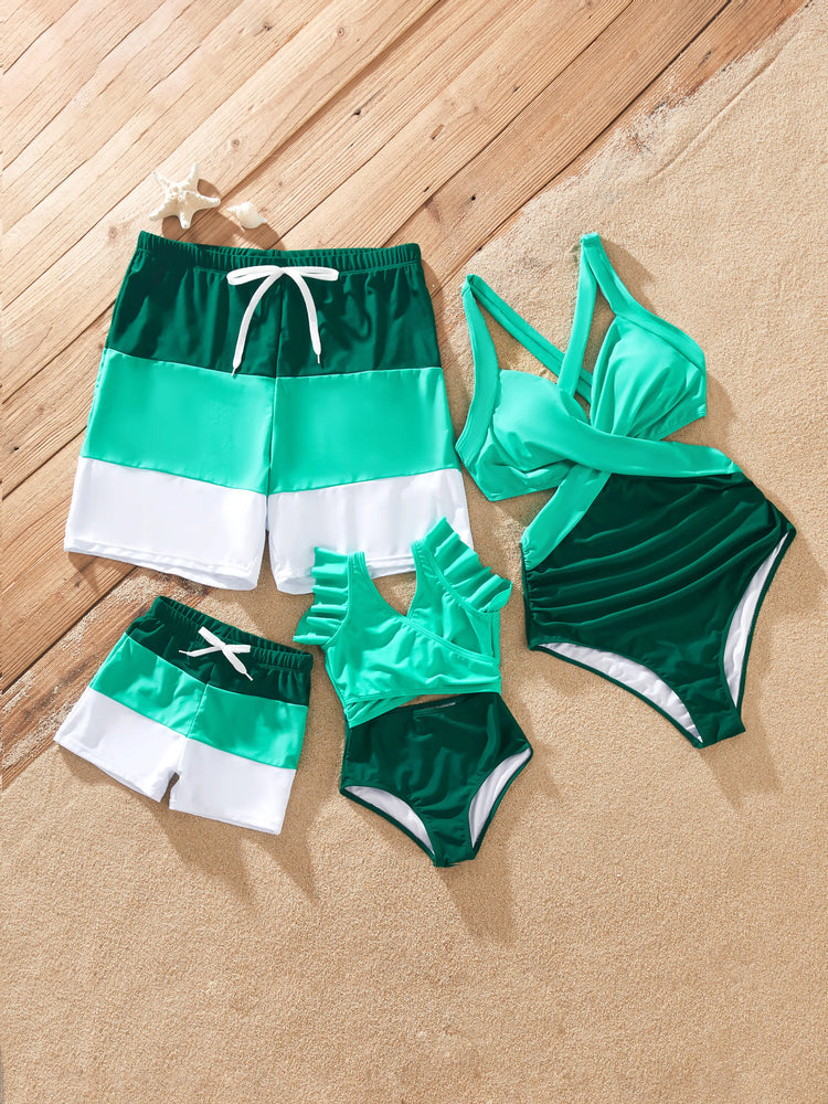Matching Family Swimsuits for Beach Green Colorblock One-Piece Swimwear or Swim Trunks Summer Vacation Outfits Green