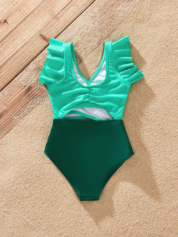 Matching Family Swimsuits for Beach Green Colorblock One-Piece Swimwear or Swim Trunks Summer Vacation Outfits Green