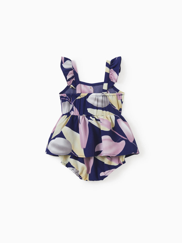 Robes maman et moi, plantes tropicales, imprimé floral, bretelles, ceinture, robe assortie, violet