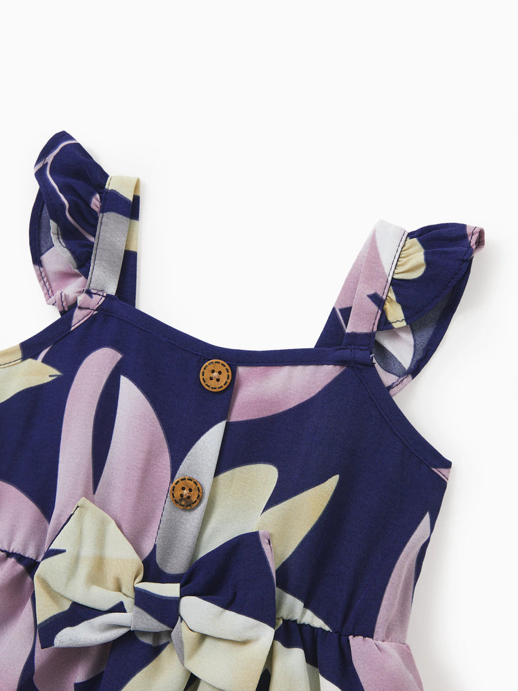 Robes maman et moi, plantes tropicales, imprimé floral, bretelles, ceinture, robe assortie, violet