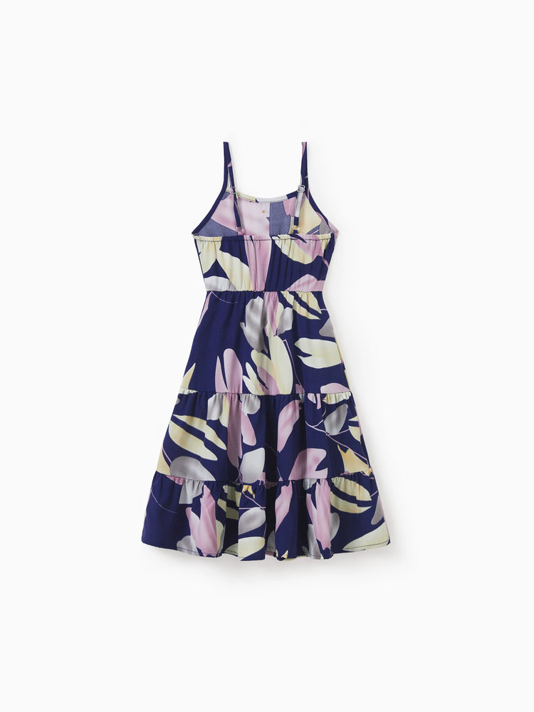 Robes maman et moi, plantes tropicales, imprimé floral, bretelles, ceinture, robe assortie, violet