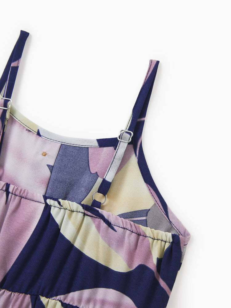 Robes maman et moi, plantes tropicales, imprimé floral, bretelles, ceinture, robe assortie, violet