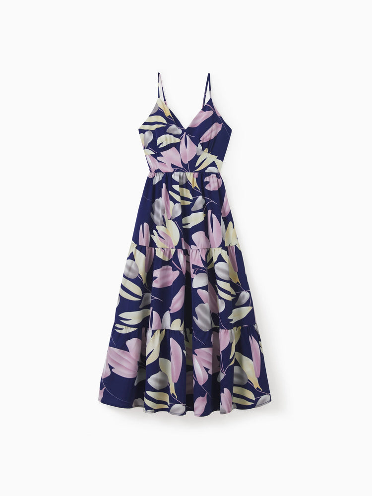 Robes maman et moi, plantes tropicales, imprimé floral, bretelles, ceinture, robe assortie, violet