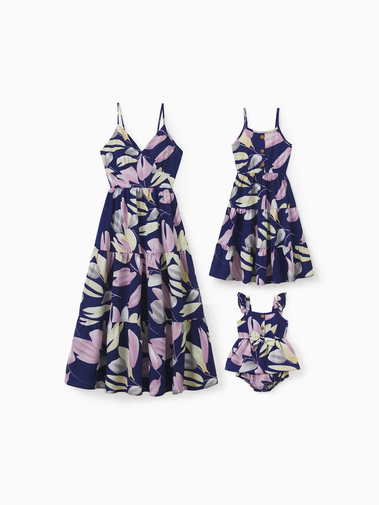 Mommy and Me Dresses Tropical Plants Floral Print Strap Belted Matching Dress Purple