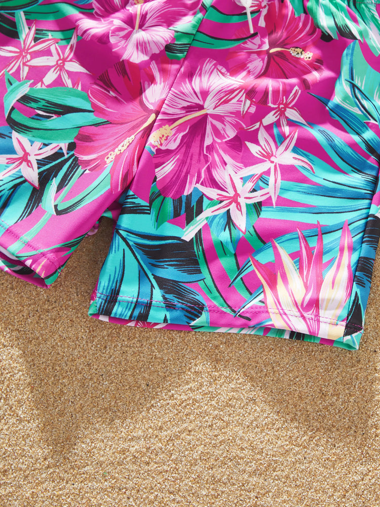 Family Matching Swimsuits Tropical Pink Leaf Print Halter One-Piece Swimwear or Swim Trunks Set Pink