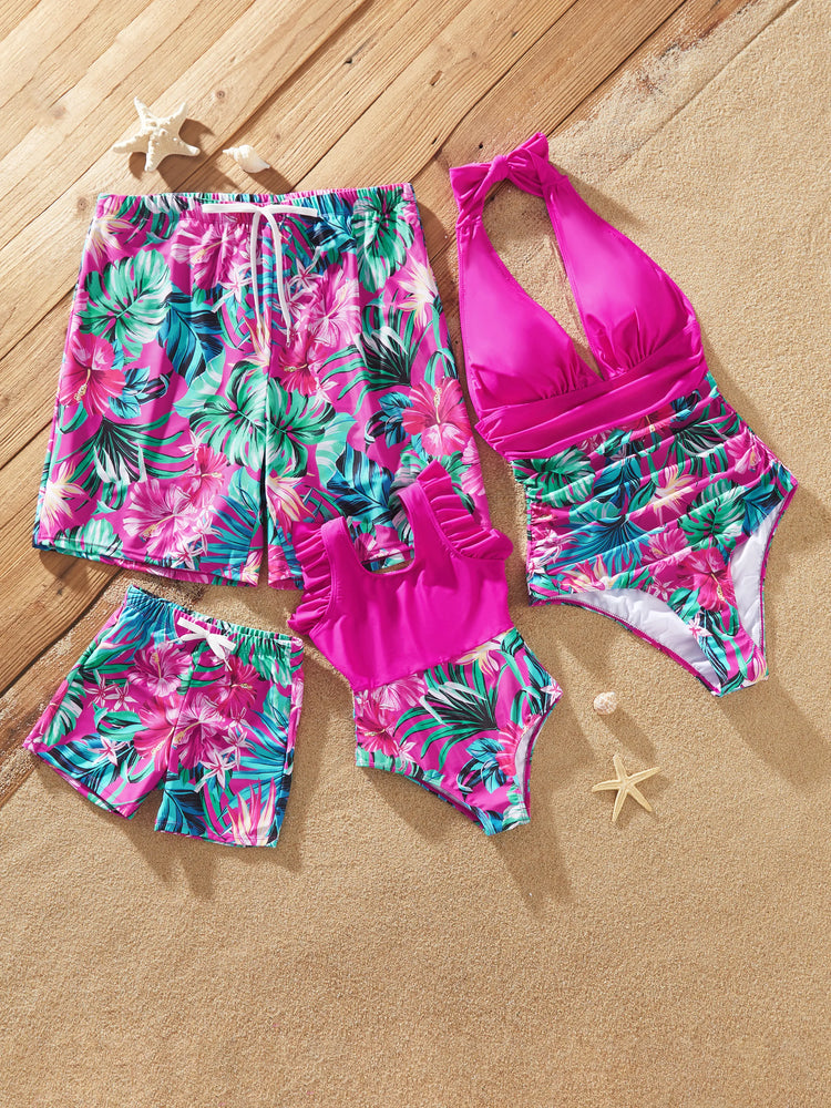 Family Matching Swimsuits Tropical Pink Leaf Print Halter One-Piece Swimwear or Swim Trunks Set Pink