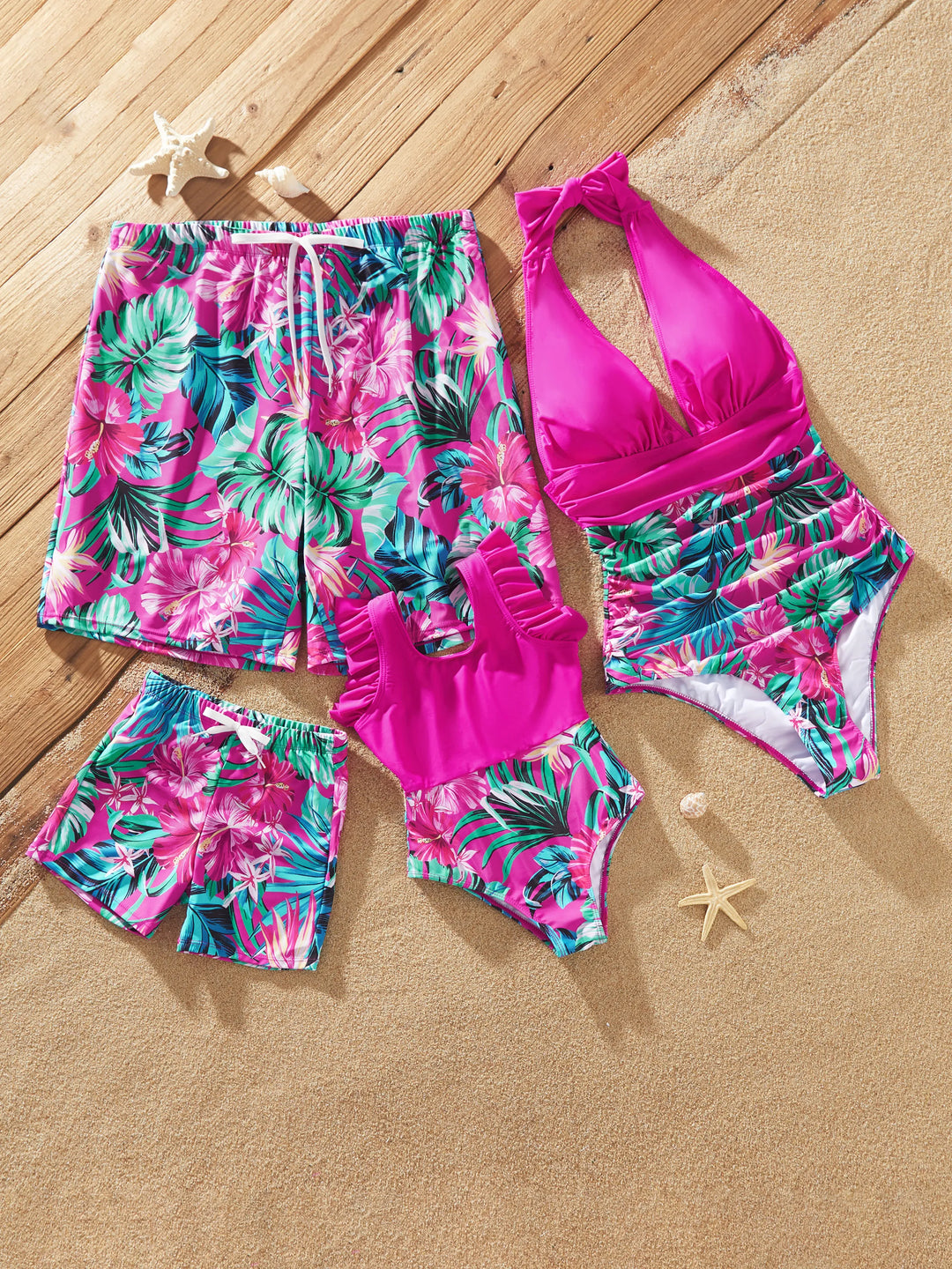 Conjunto de bañadores con estampado de hojas tropicales rosas y halter para niño pequeño Rosa