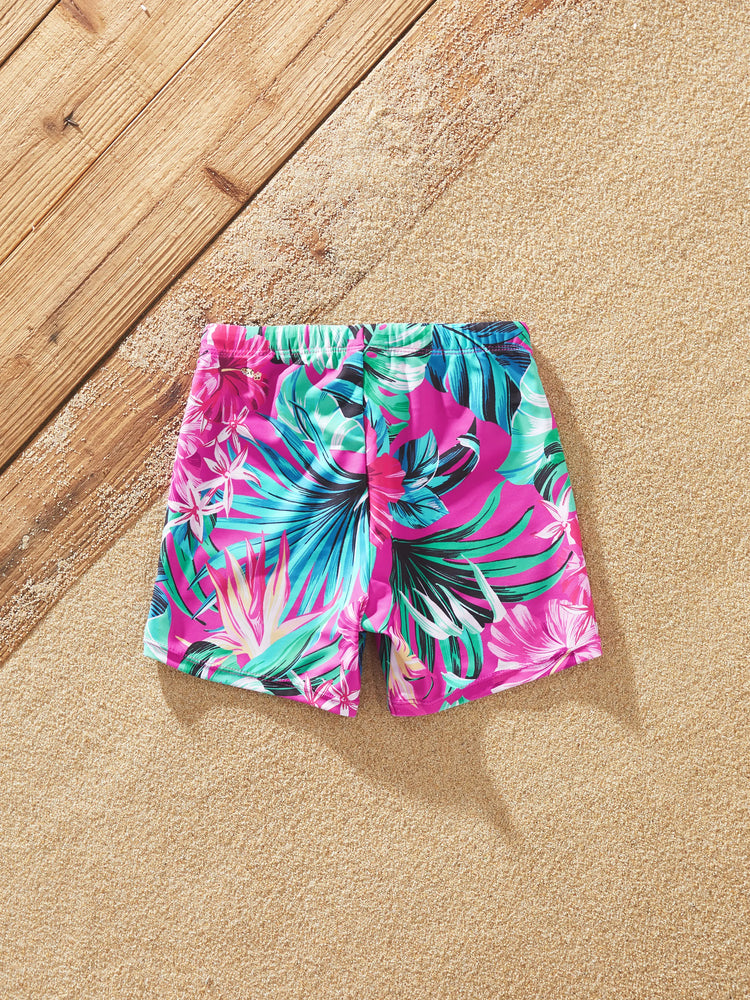 Family Matching Swimsuits Tropical Pink Leaf Print Halter One-Piece Swimwear or Swim Trunks Set Pink