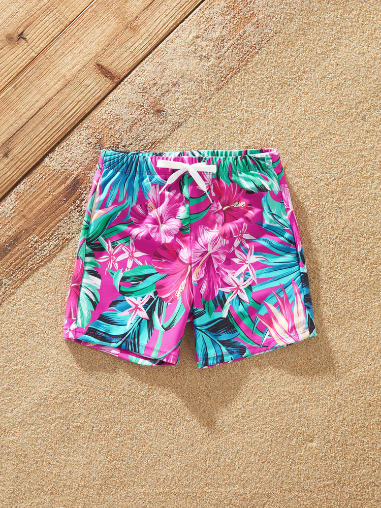 Family Matching Swimsuits Tropical Pink Leaf Print Halter One-Piece Swimwear or Swim Trunks Set Pink
