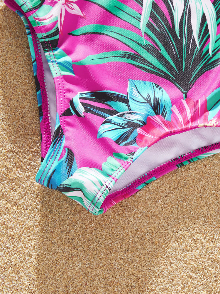 Family Matching Swimsuits Tropical Pink Leaf Print Halter One-Piece Swimwear or Swim Trunks Set Pink