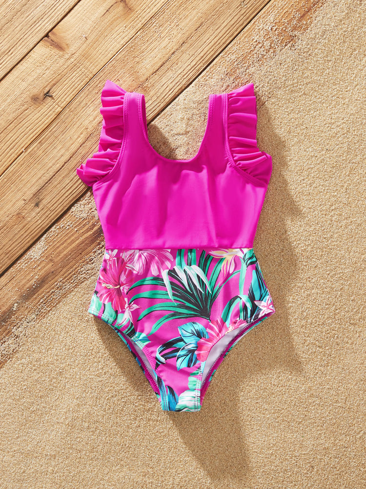 Family Matching Swimsuits Tropical Pink Leaf Print Halter One-Piece Swimwear or Swim Trunks Set Pink
