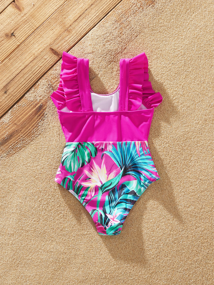 Family Matching Swimsuits Tropical Pink Leaf Print Halter One-Piece Swimwear or Swim Trunks Set Pink
