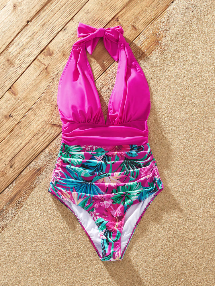 Family Matching Swimsuits Tropical Pink Leaf Print Halter One-Piece Swimwear or Swim Trunks Set Pink