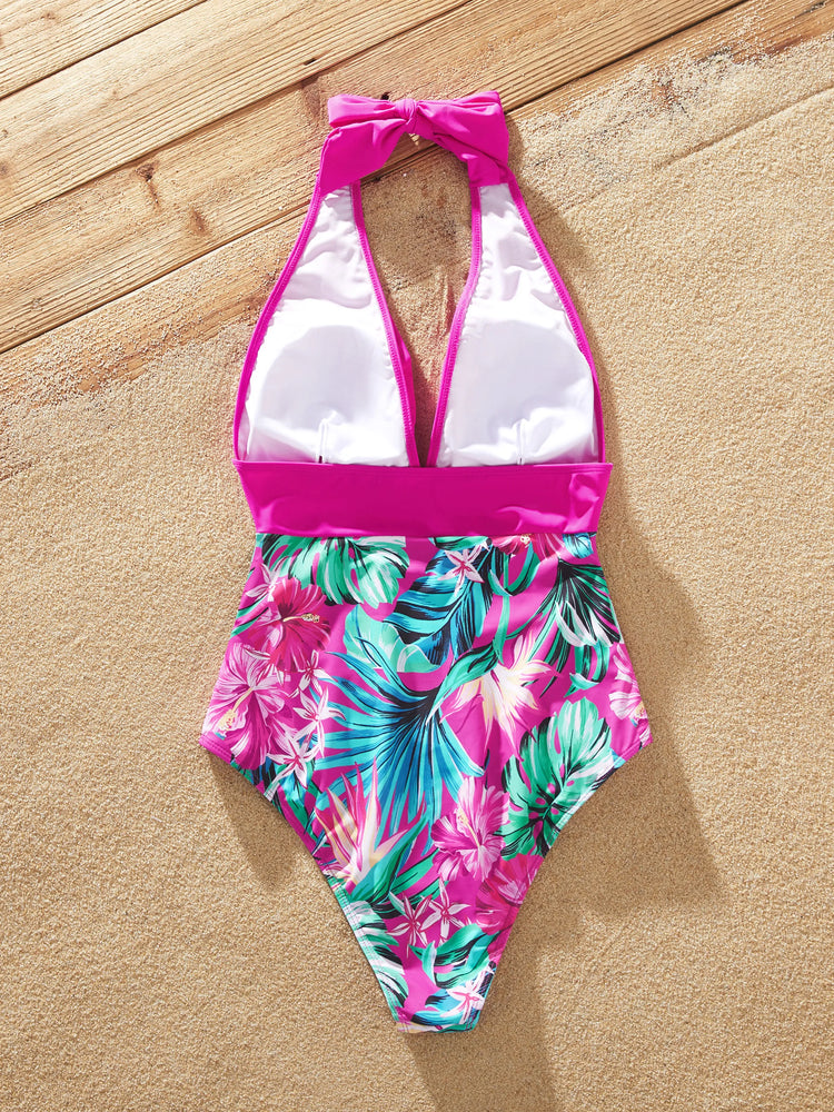Family Matching Swimsuits Tropical Pink Leaf Print Halter One-Piece Swimwear or Swim Trunks Set Pink