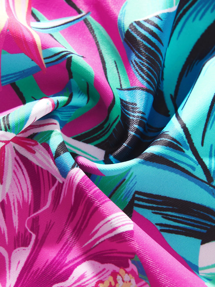 Family Matching Swimsuits Tropical Pink Leaf Print Halter One-Piece Swimwear or Swim Trunks Set Pink