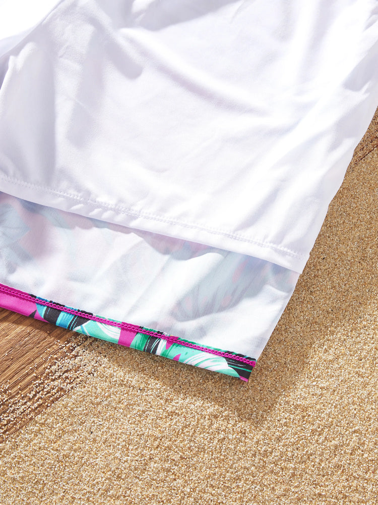 Family Matching Swimsuits Tropical Pink Leaf Print Halter One-Piece Swimwear or Swim Trunks Set Pink