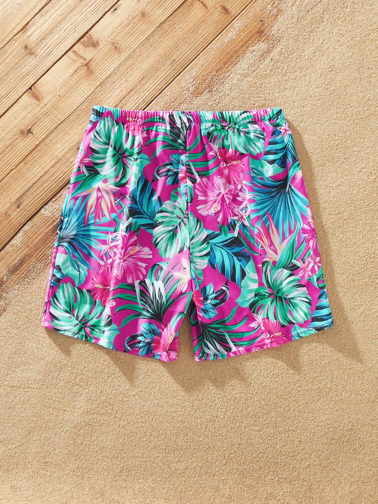 Family Matching Swimsuits Tropical Pink Leaf Print Halter One-Piece Swimwear or Swim Trunks Set Pink