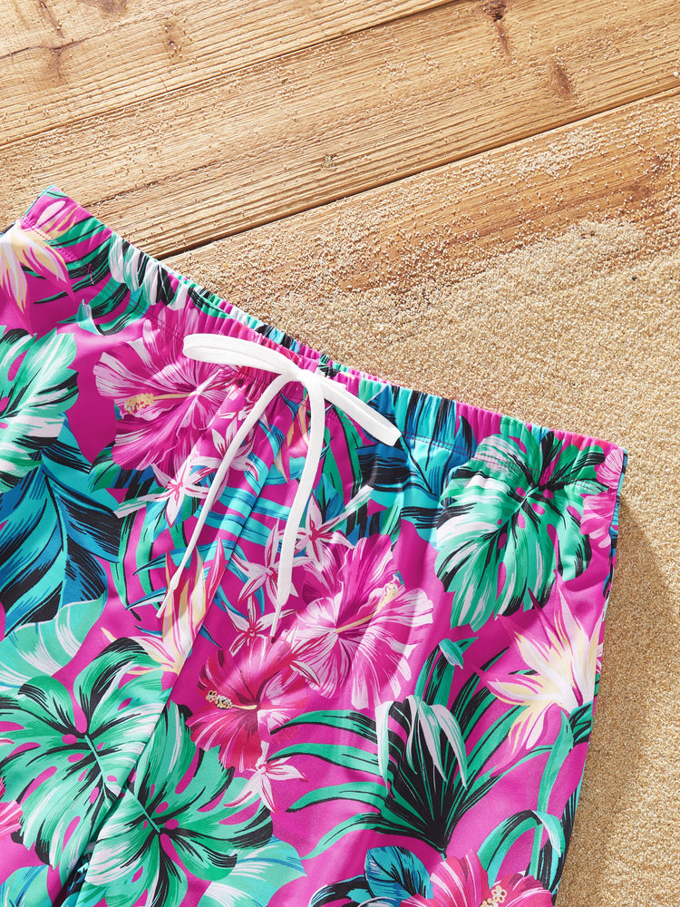 Family Matching Swimsuits Tropical Pink Leaf Print Halter One-Piece Swimwear or Swim Trunks Set Pink