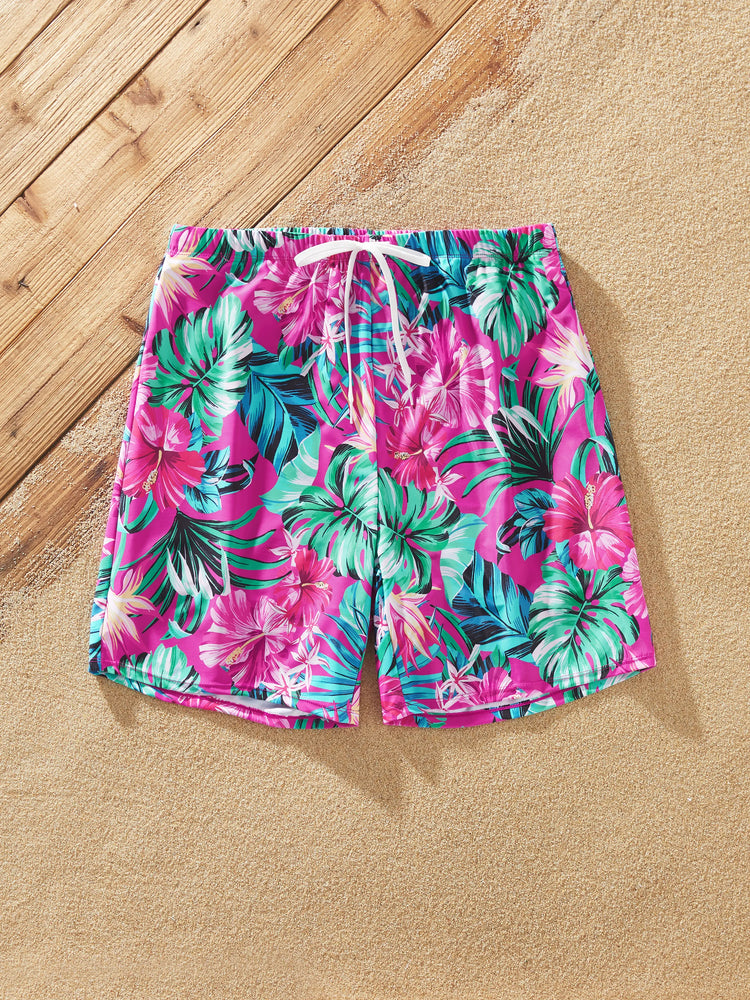 Family Matching Swimsuits Tropical Pink Leaf Print Halter One-Piece Swimwear or Swim Trunks Set Pink