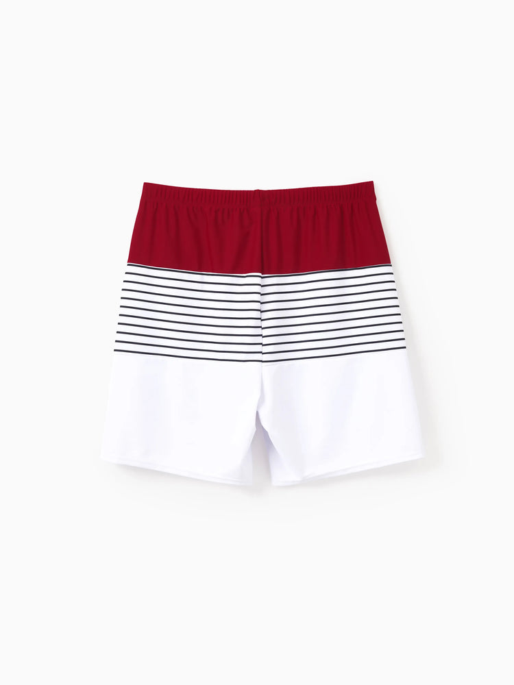 Maillots de bain assortis pour la famille : bikini à une épaule rayé rouge ou maillot de bain colorblock, tenues de plage assorties pour l'été, les croisières et les vacances. Rouge