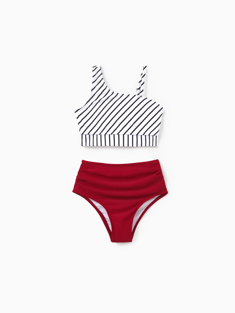 Toddler Girl Swimsuits Red Striped Bikini Matching Beachwear Outfits for Summer, Cruise, Vacation Red