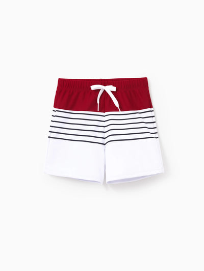 Toddler Boy Swimsuits Red Striped Colorblock Swim Trunks Matching Beachwear Outfits for Summer, Cruise, Vacation Red
