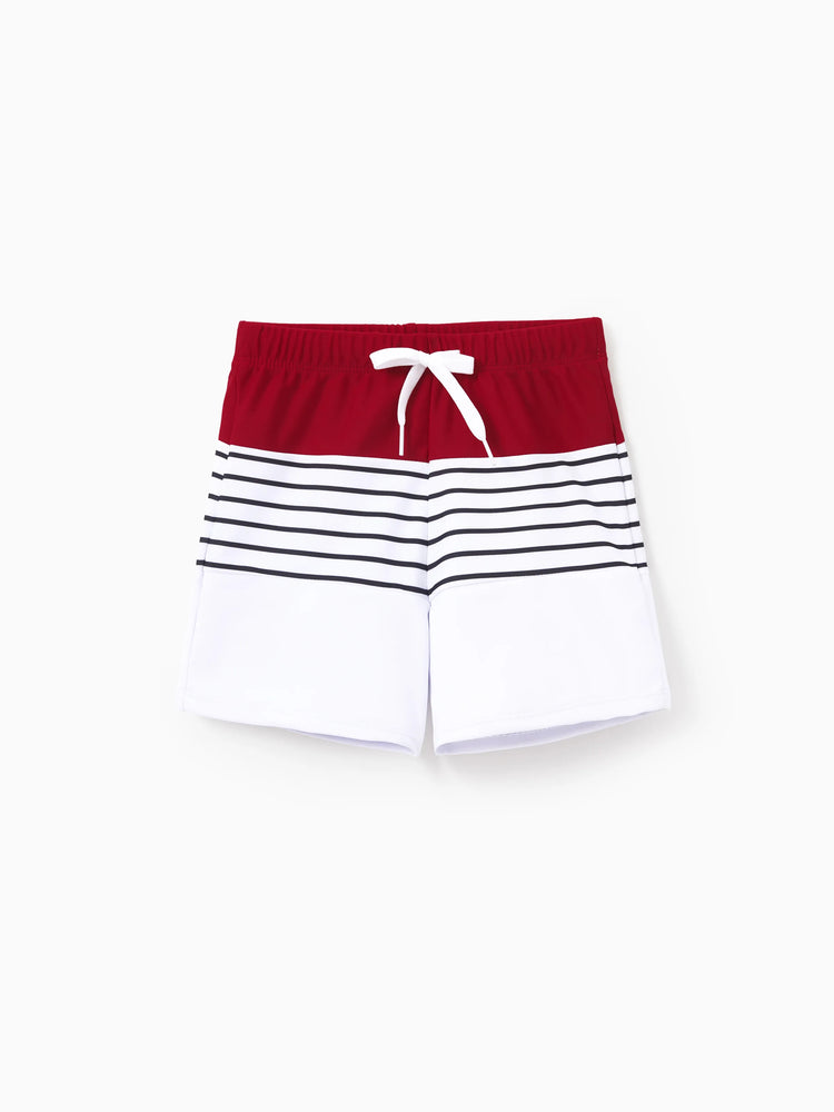 Toddler Boy Swimsuits Red Striped Colorblock Swim Trunks Matching Beachwear Outfits for Summer, Cruise, Vacation Red